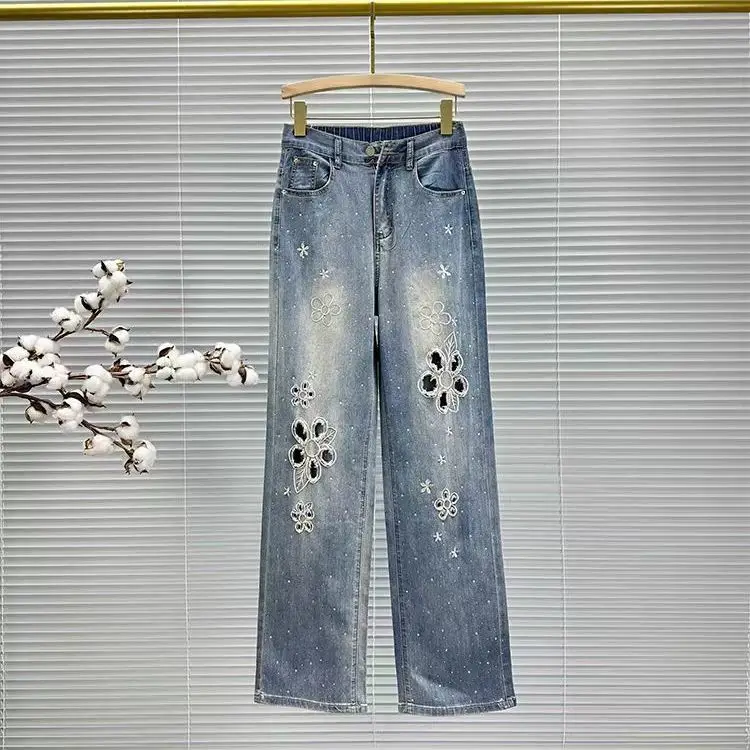 Embroidered jeans women\'s new thin casual pants in the summer of 2024, high waist, loose hot drilling and wild wide-leg pants.