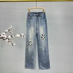 Embroidered jeans women's new thin casual pants in the summer of 2024, high waist, loose hot drilling and wild wide-leg pants.