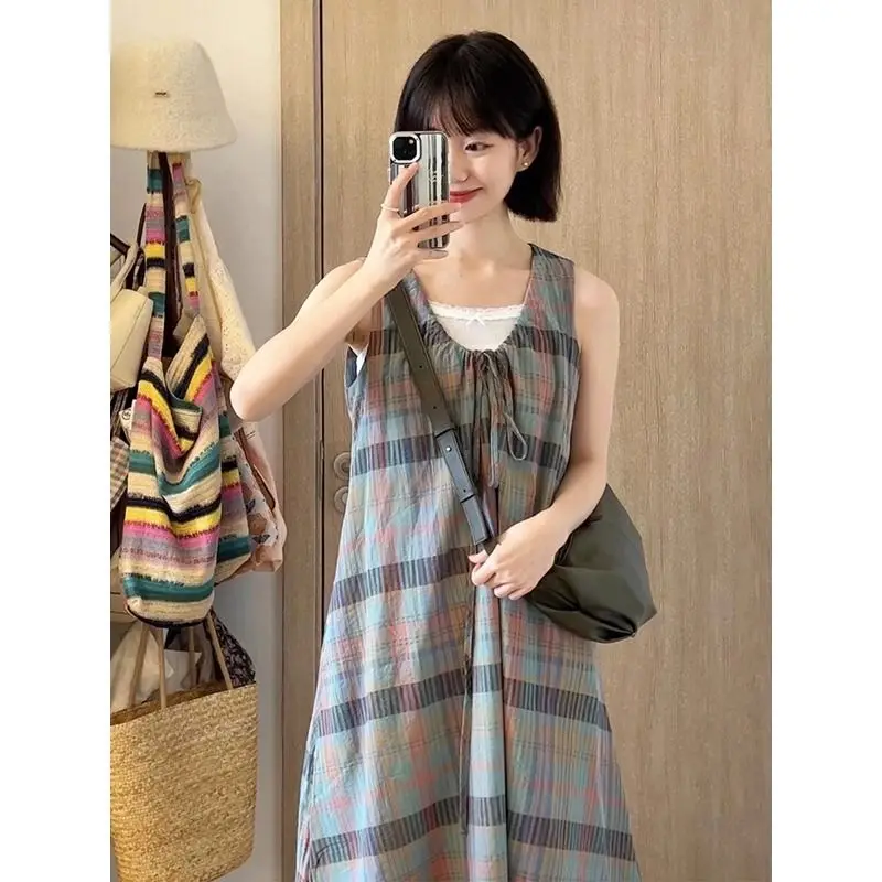 Retro Sleeveless Plaid Vest Dress Summer New Loose and Slimming Temperament Long Dress Women's Lazy Style High-end Feeling