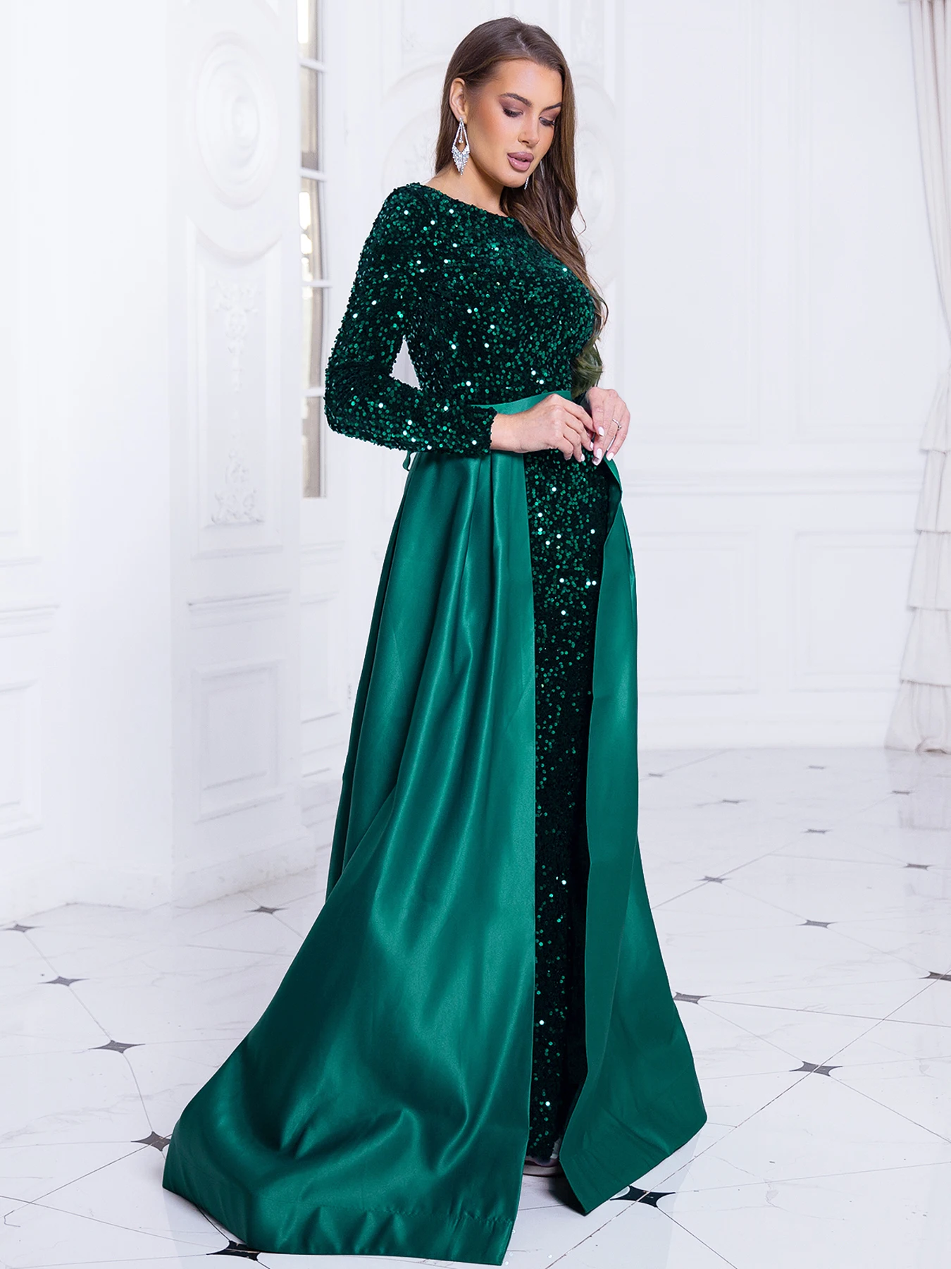 O Neck Long Sleeve Stretch Sequin Evening Party Dress Floor Length With Detachable Lace Up Skirt Elegant Formal Prom Gown Green