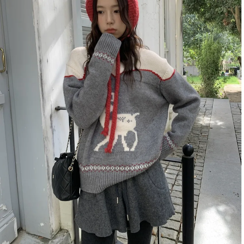 Suéter de punto Cisas Chic para mujer, suelto, largo, redondo, Color Ne, patrón de ciervo, suave y acogedor, Cisas Aosphere