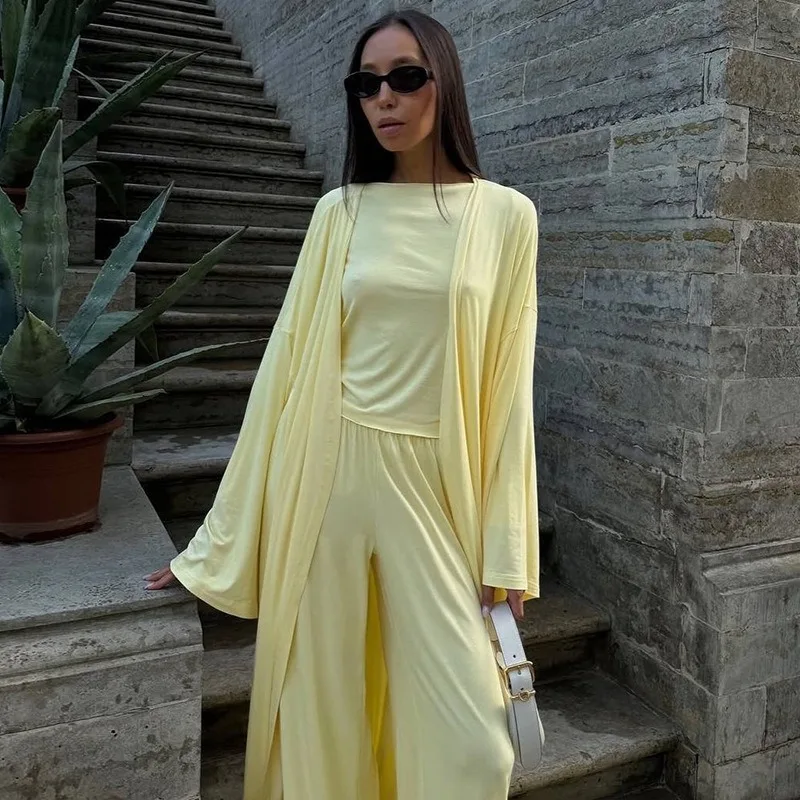 2026 Summer New Fashion Suit for Women Casual Long Cardigan Sleeves High Waisted Trousers Style Versatile Loungewear 3 Peices