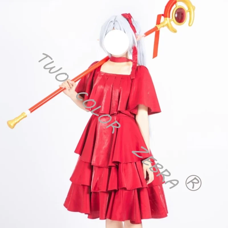 Cosplay Anime Sousou No Frieren Costume Red Evening Dress Layered Ruffle Skirt Headress Outfit for Comic Con and Halloween Party - view 4