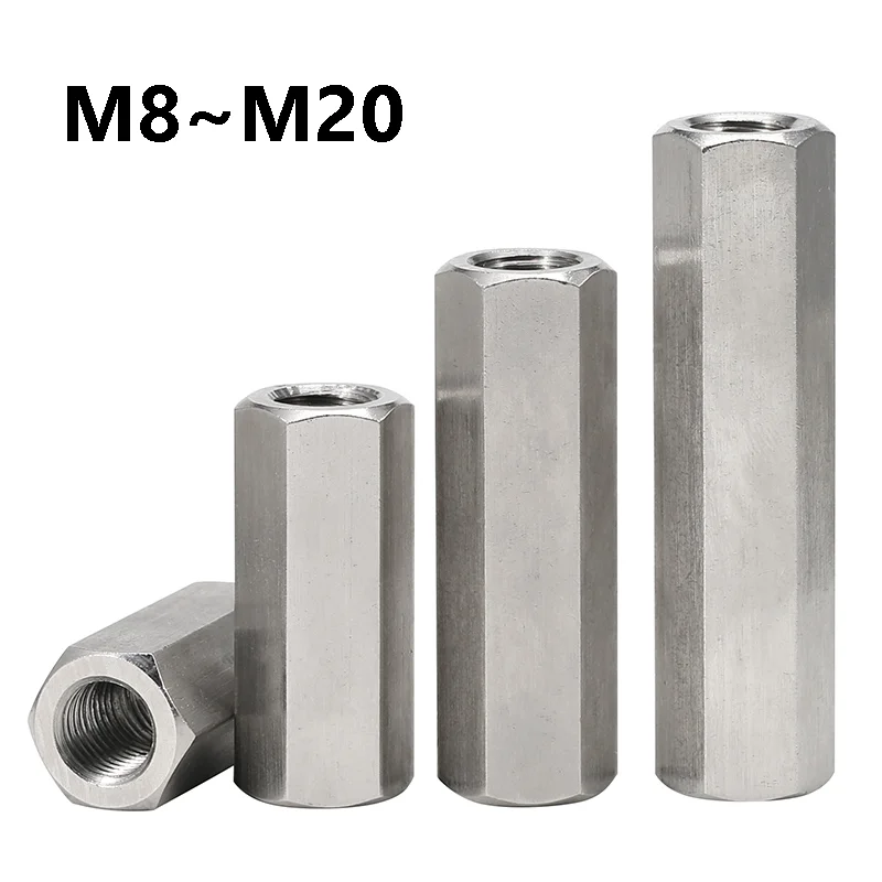 1Pcs 304 Stainless Steel Hexagon Long Rod Coupling Nut M8 M10 M12 M14 M16 M18 M20 Connector Joint Tubular Extension Nuts