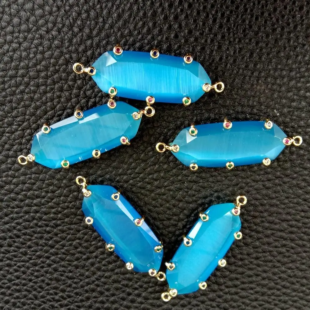 

5 Pcs Blue Cat Eye Cz Pave Double Ring Connector For Jewelry Making