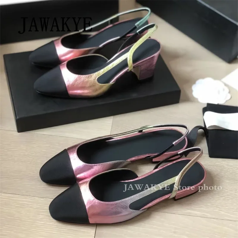 Summer Round Toe Square Heels Slingback Sandals Women Leather Patchwork Pumps Designer Shoes Elegant Dress Sandalias Femininas