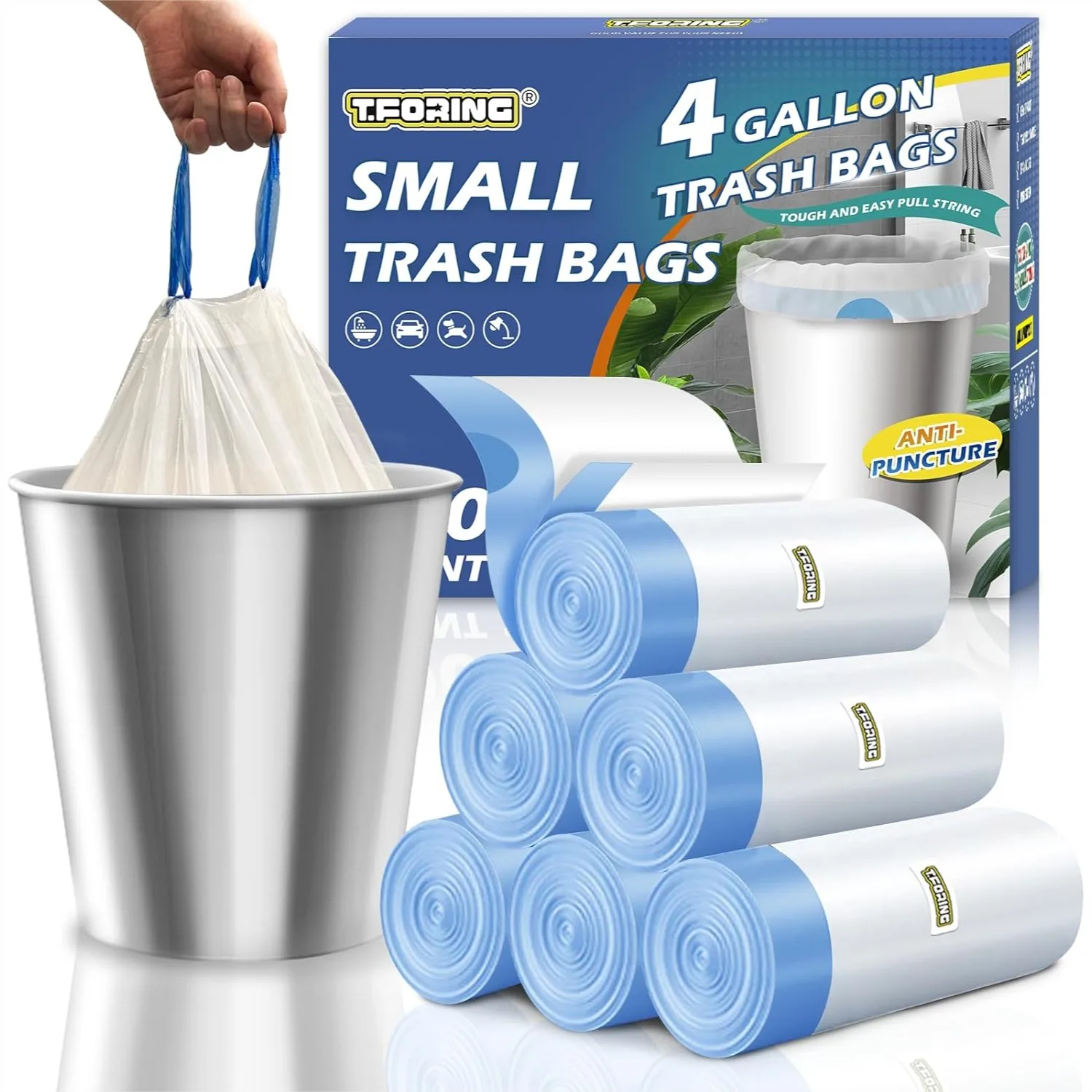 

Small Trash Bags 4 Gallon with Drawstring, 1.1 Mil 15 Liter White Thick Unscented Plastic Garbage Bags for Bathroom, Wastebasket