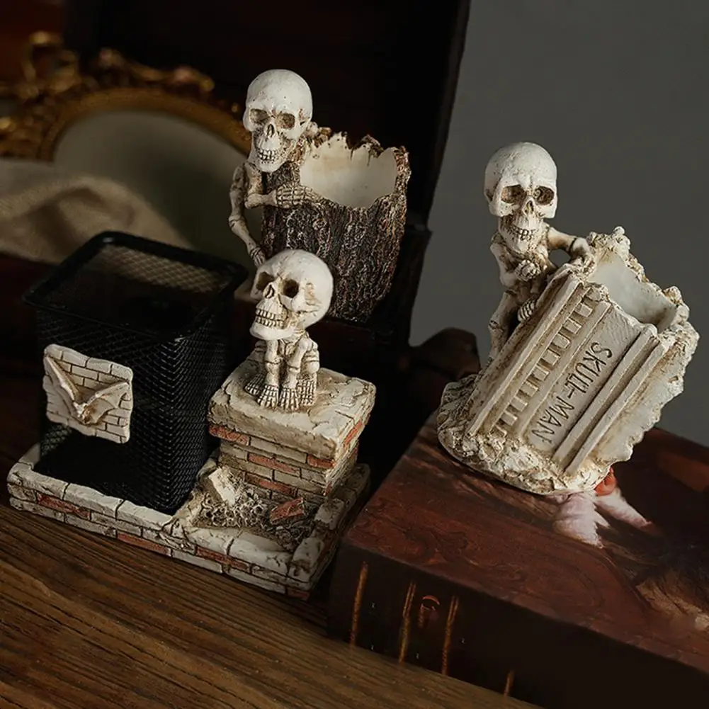 Hand-painted Pen Stand Spooky Halloween Skeleton Pen Holder with Tombstone Spider Resin Figurine Unique Pencil for Desk