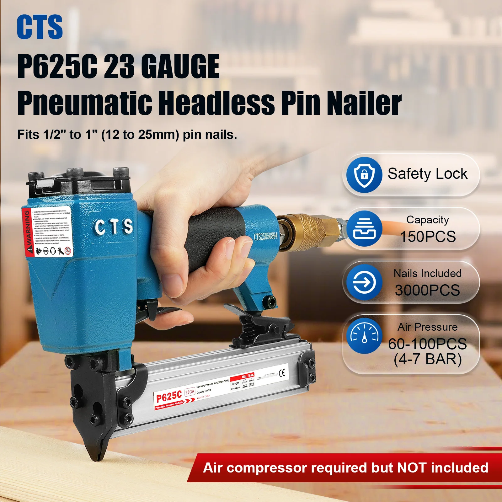 

23Ga Air Pin Nailer Small Fixing Nail Guns3/8"-1" for Furniture Wood Board Pneumatic Pin Nailer for baseboard
