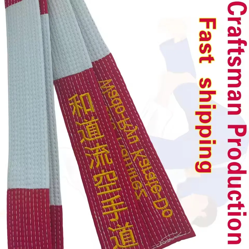 Custom Embroidery Coral Belt Double-sided Grand Master Rank Judo Karate Jiu-Jitsu Red-White Red-Black 4.5cm Width size A0-A6