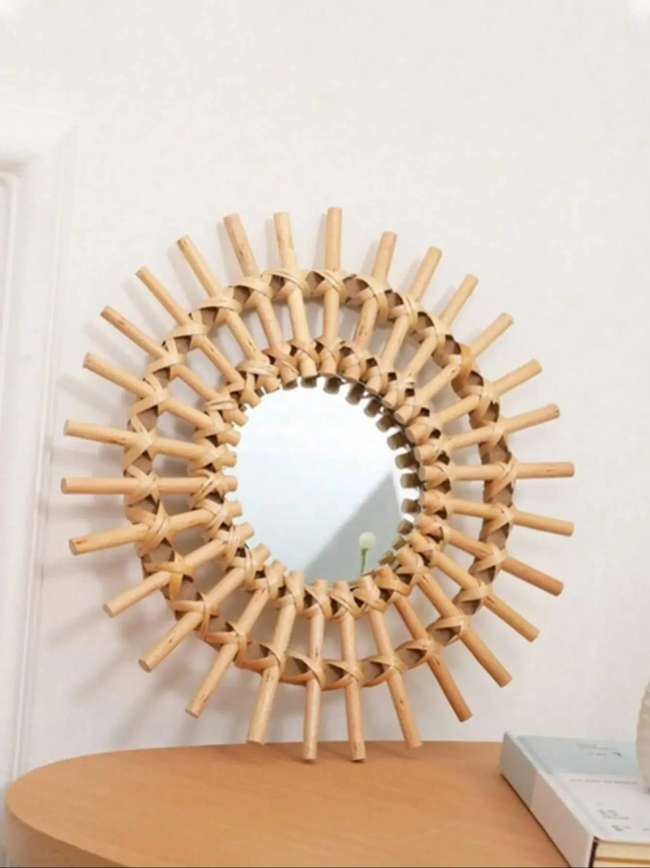 Boho Rattan Wall Mirror, Handmade Woven Sunburst Wall Art, Rustic Round Decorative Mirrors for Living Room Bedroom Home Decor