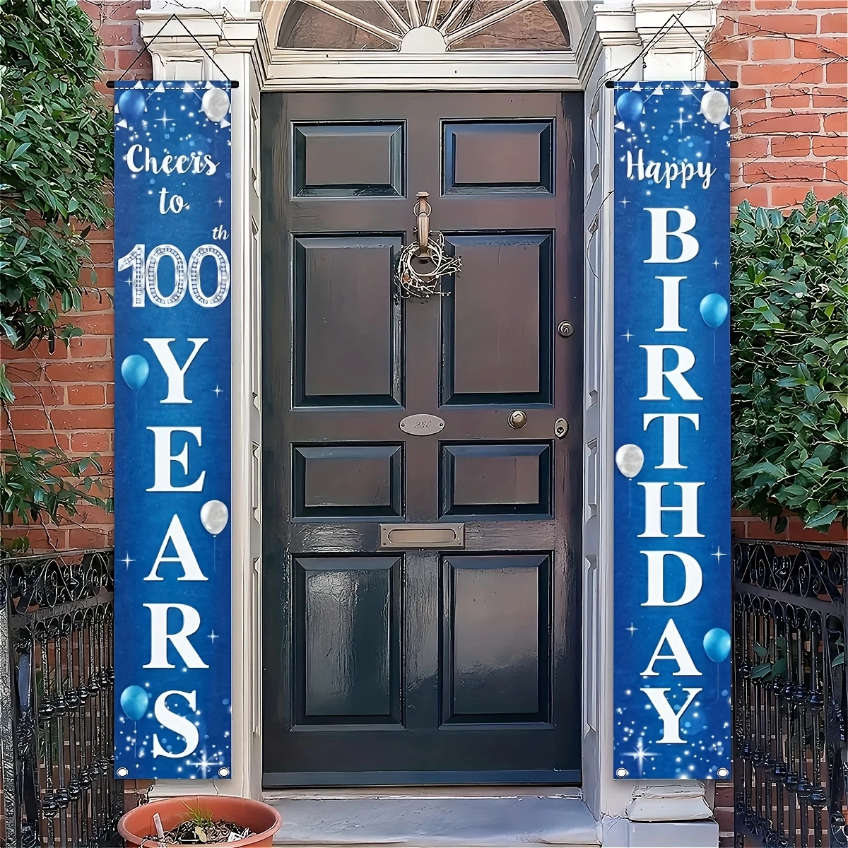 2Pcs Happy 100th Birthday Polyester Door Couplets, 12x70.8 Inches Porch Banners, 100th Birthday Design, No Power Needed