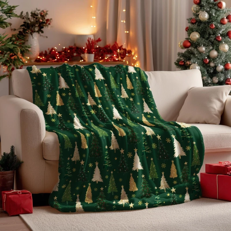 Weihnachtsdecke mit rotem Baum – weicher Plüsch, gemütlich, perfekt für Couch, Sofa, Bett,