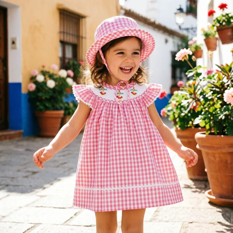 Summer Spanish Style Girls Dress Pink Plaid Smocked Cute Embroidery Cotton Flutter Sleeve Princess Dress Toddler Casual Wear