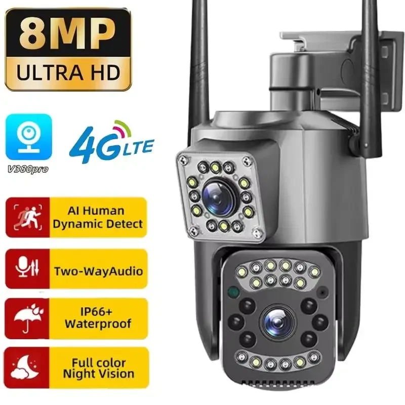 

8MP Dual Lens CCTV Camera V380 Pro 4K 4G Outdoor IP Security Camera Bidirectional Call Color Night Vision 8X Zoom AI WiFi Camera