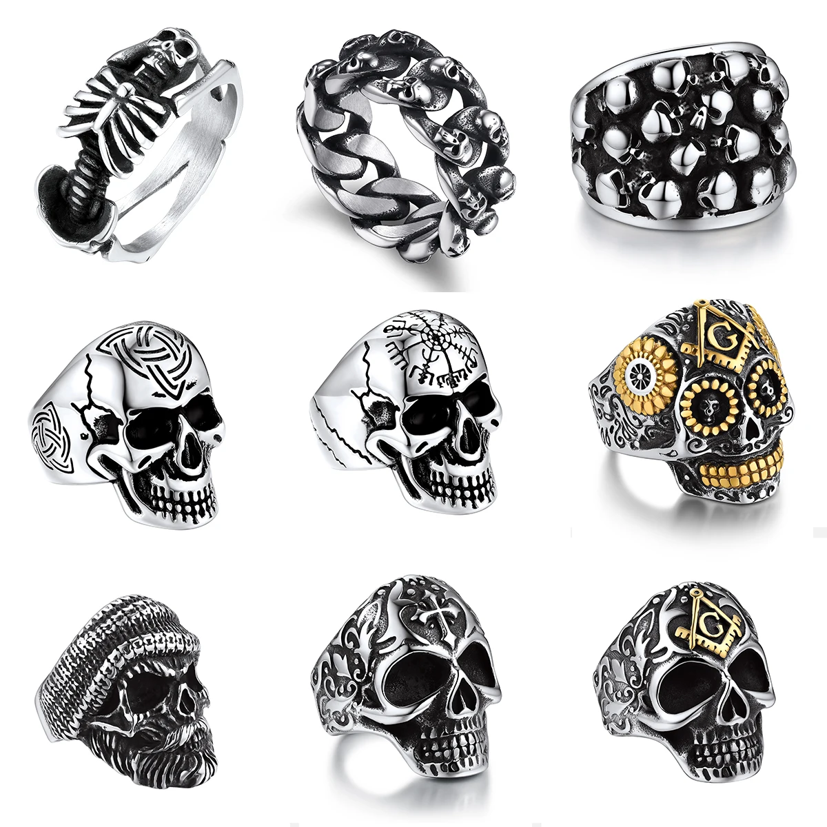 

U7 Stainless Steel Big Skull Rings for Man Woman Size 7-14 Retro Black Gold Color Trinity Cross 3D Skeleton Gothic Punk Jewelry