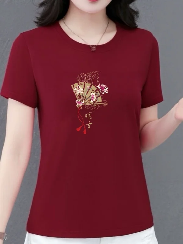 

High-End Floral Print Short Sleeve T-Shirt Women's Loose Fit round Neck Casual Top for Middle-Aged Mothers Comfortable Polyester