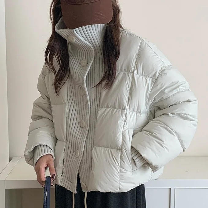 French High‑end Knitted Spliced Short Puffer Coat for Women, Designer Thickened Winter Cotton Padded Jacket, Fashion Chic Warm O