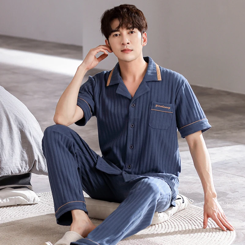 

Men Cotton Pajama Set Thin Short Sleeve Long Pant Youth Homewear Suitable Nightwear Summer Comfortable Cardigan Sleepwear Hombre