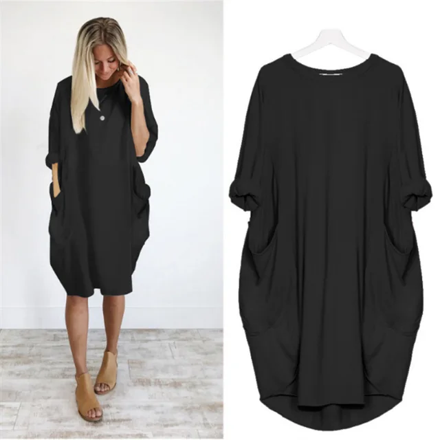 Sukienka damska Oversize O-neck Loose Red Version Casual Street Pocket Fashion Black Solid Color Beach Vacation Skirt