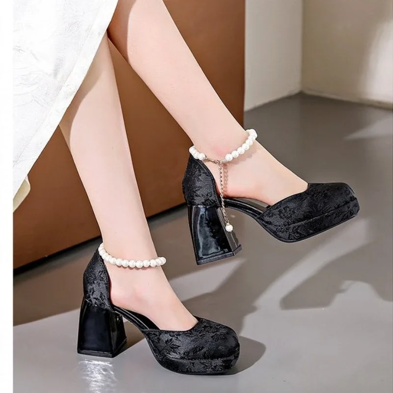 2024 New Silk Wedding Party Women Pumps Sandals Punk Style Platform Buckle Strap Thick Square High Heels Shoes