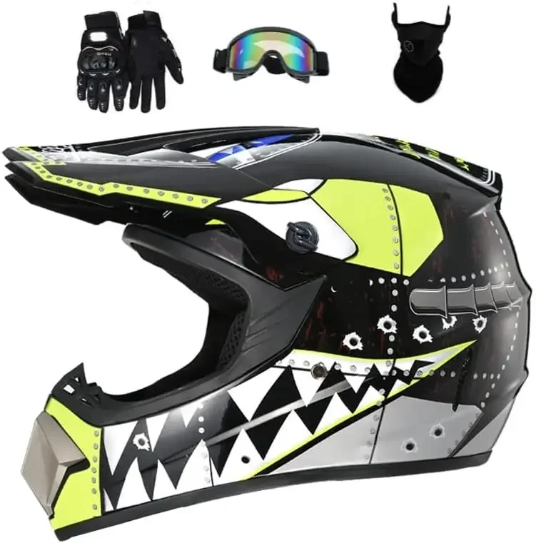 

Protective Motocross Dirt Bike Helmet with Stylish Pattern for ATV Street Motorcycle - Includes Gloves, Goggles, and Mask - Unis