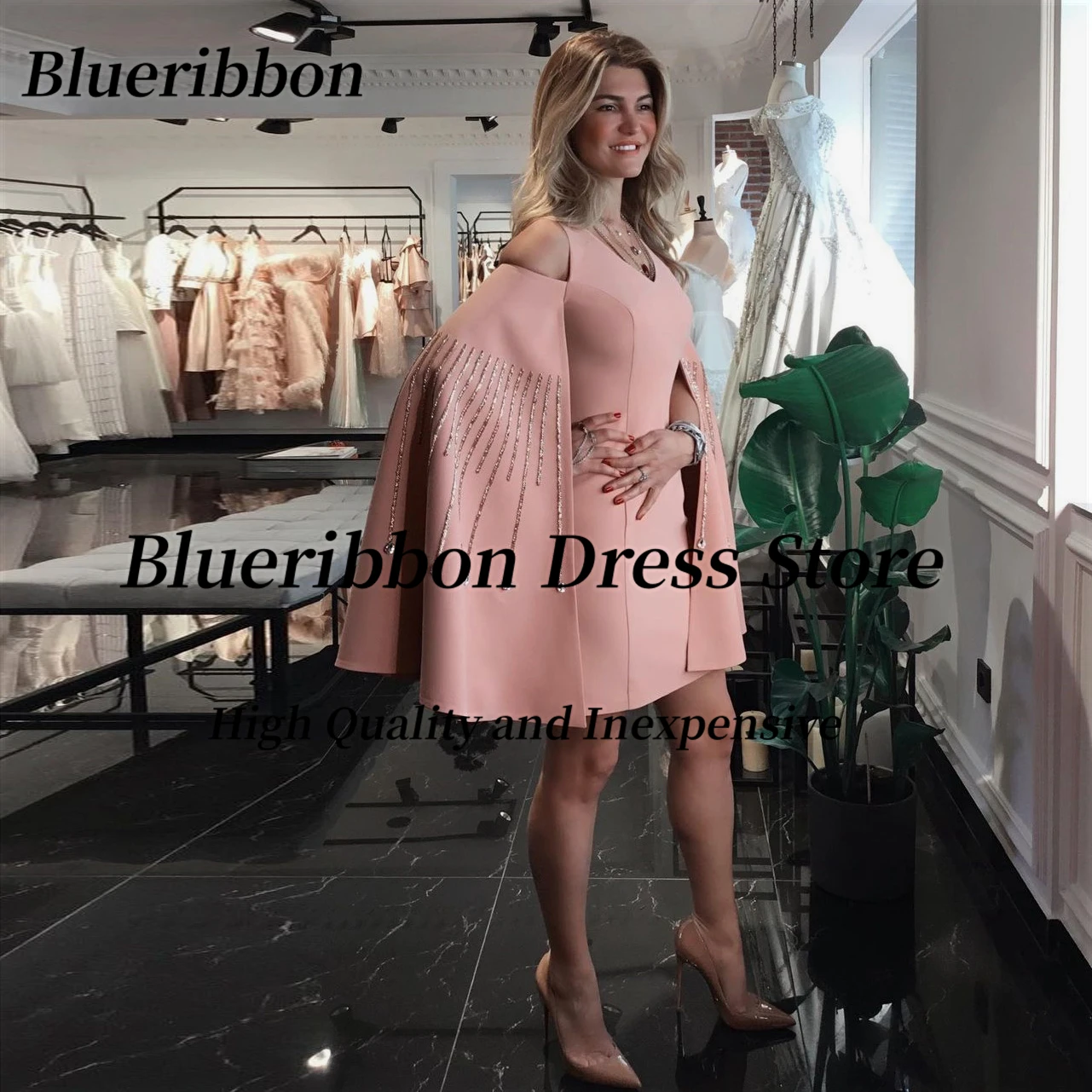 Blueribbon Vestidos De Festas V Neck Beading Flutter Sleeves Short Prom Dresses Zipper Back Mini Cocktail Party Gowns