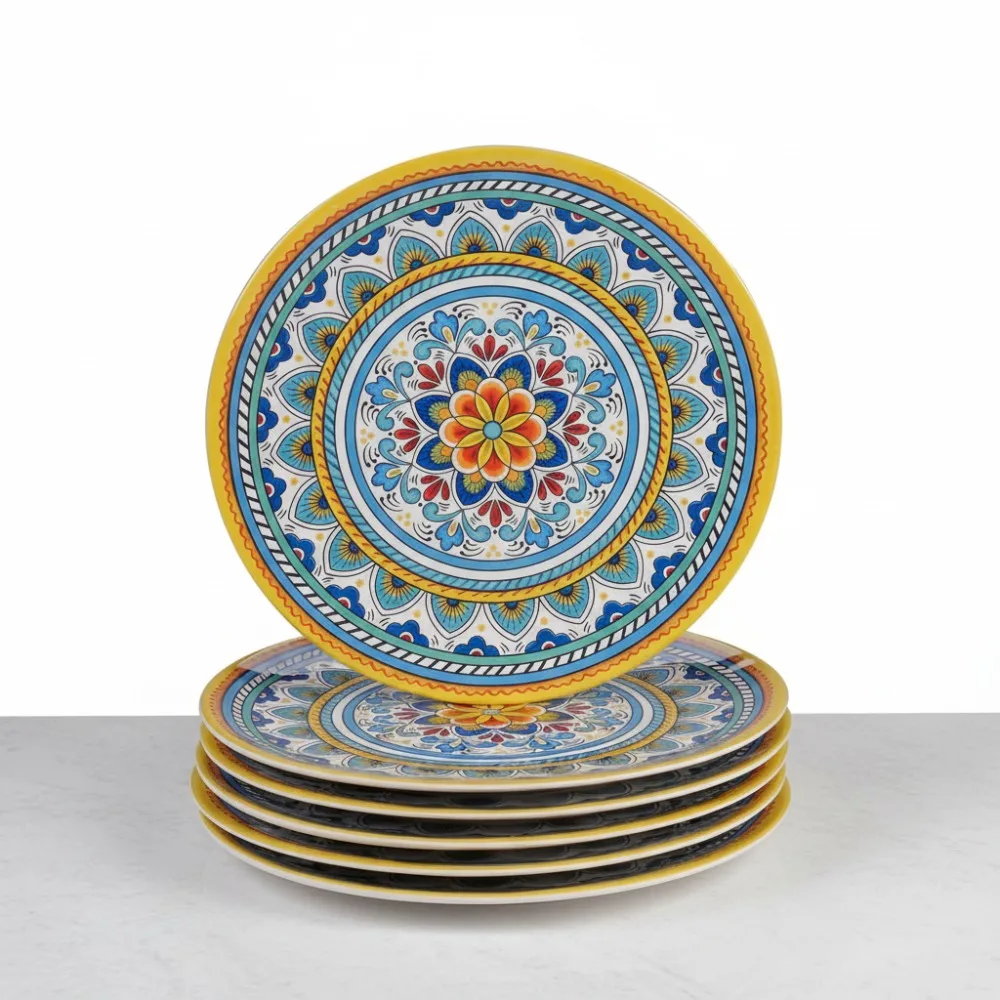 

Набор 11-дюймовых красочных меламиновых обеденных тарелок из 6 штук, прочный, небьющийся, для уличной столовой и семейного использования