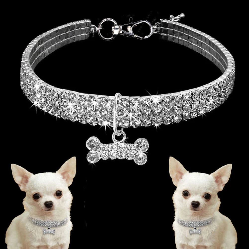 

Rhinestone Dog Collar Elastic Chains Accessories for Dogs White Bright Color Comfortable Bone Shape Pendant Pet Neckchain Dog