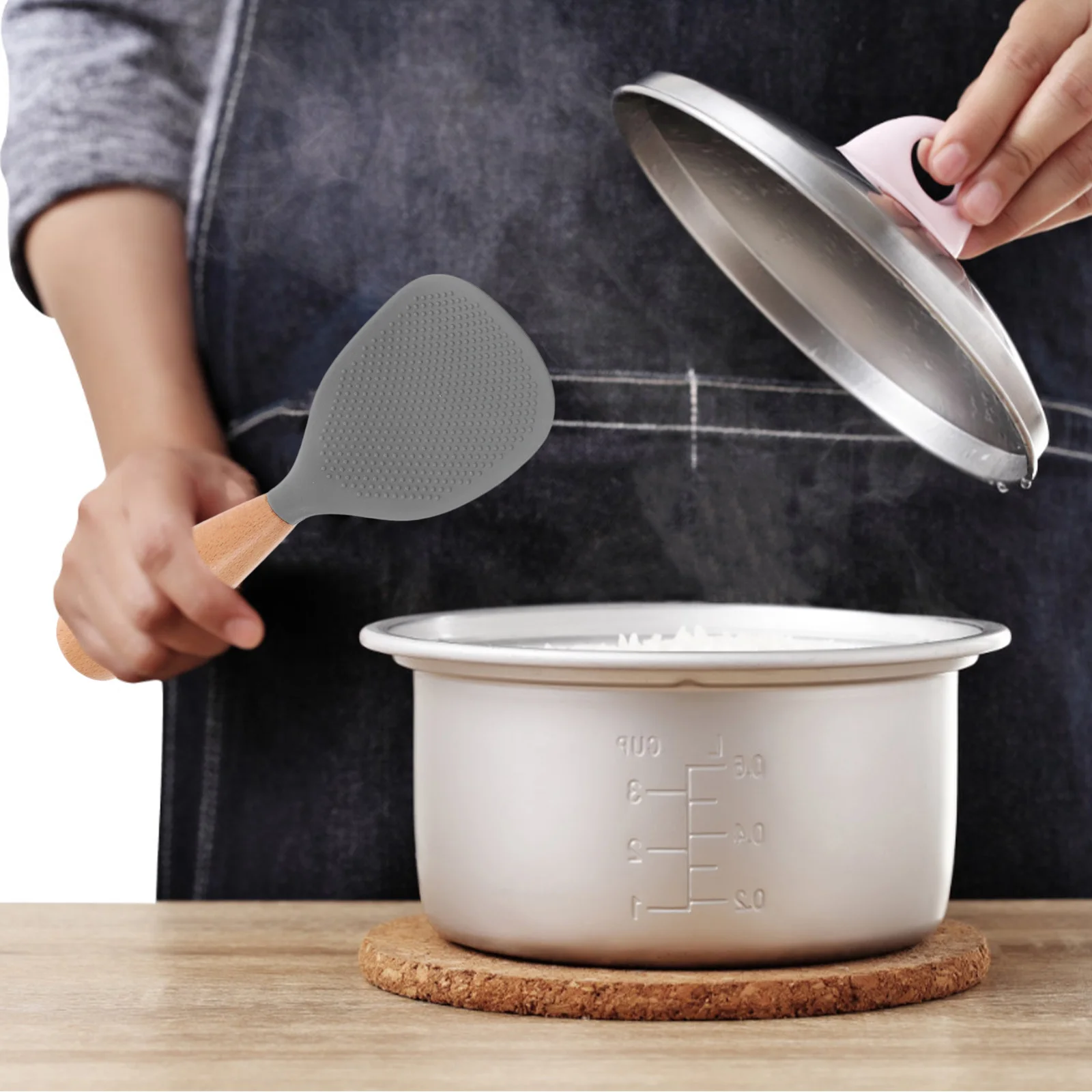 

1pc Heat-Resistant Rice Spoon Wooden Handle Non-Stick Silicone Ladle For Rice Cooker Serving Stirring Mixing Kitchen Utensil
