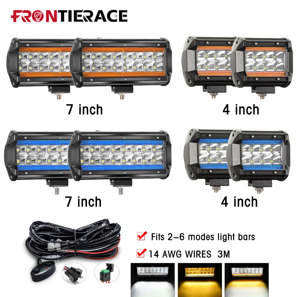 7 Inch Dual Color White Amber Blue Led Lightbar 3Modes Offroad Fog Lamp Spotlights for Car SUV Truck 12v 200W 4x4 Accessories