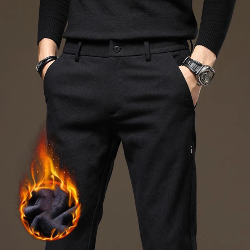

Men Winter Warm Elasticity Suit Pants Male Fleece Lined Thickened Blazer Pants Slim Fit Breathable Casual Army Green Trousers