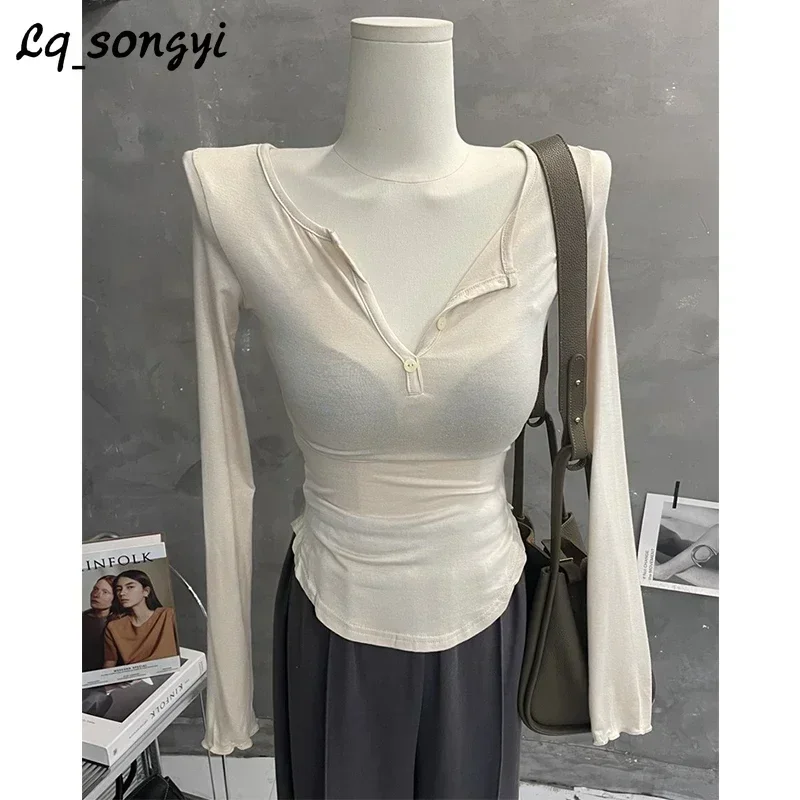 Lq_songyi V Neck Thin T Shirts Sexy Slim T Shirt High Strecth Women Tight Top Autumn Long Sleeve Solid Irregular See-through Top