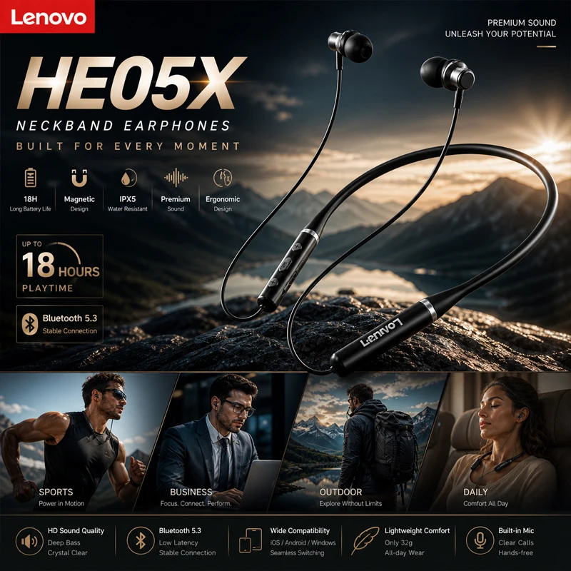 Original Lenovo HE05X TWS Wireless Earphone Bluetooth 5.0 Sports Noise Canceling Neckband Headphones Waterproof With Microphone