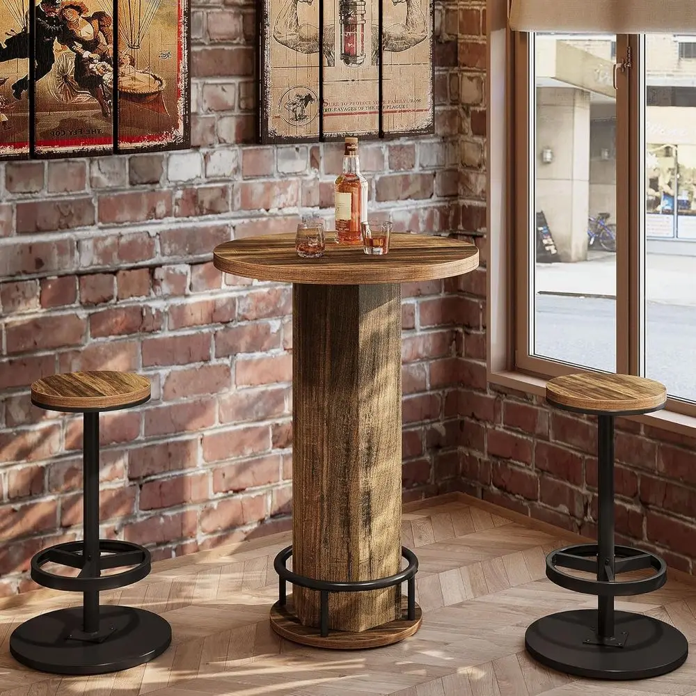 

Space-Saving 3-Piece Dining Set, 2-Seat Round Kitchen Table, Brown Counter Height Bar Table, Pub-Style Table for Small Spaces