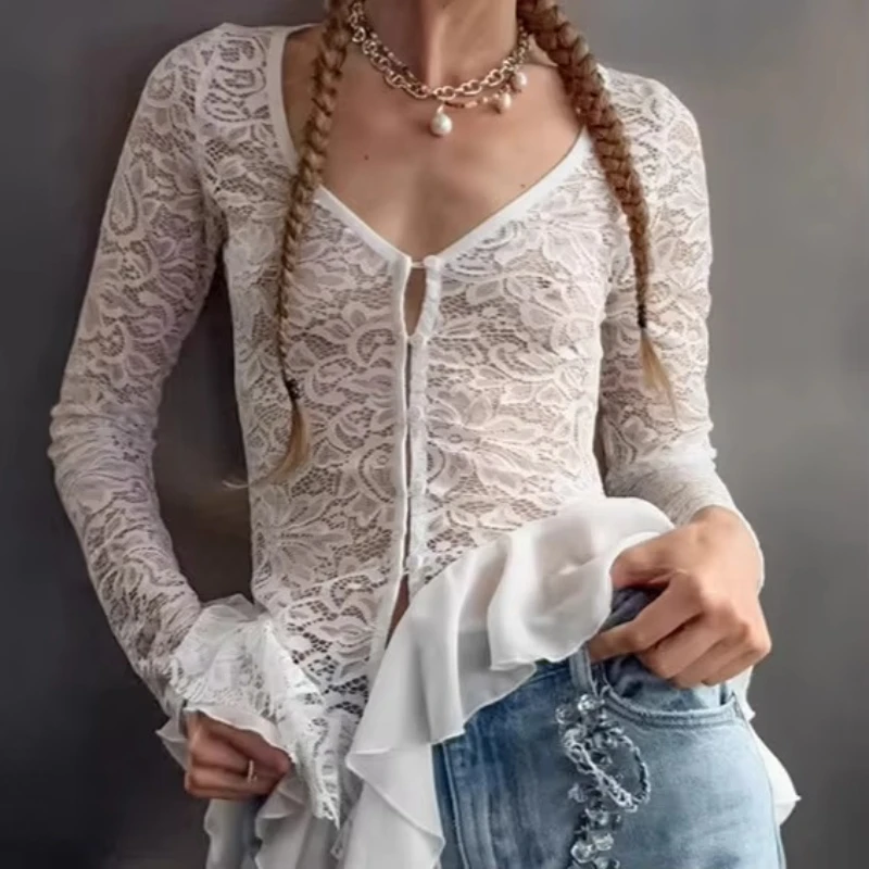 

2025 Spring and Summer New White V-neck Ruffle Hem Cinched Waist Slimming Shirt Fashionable