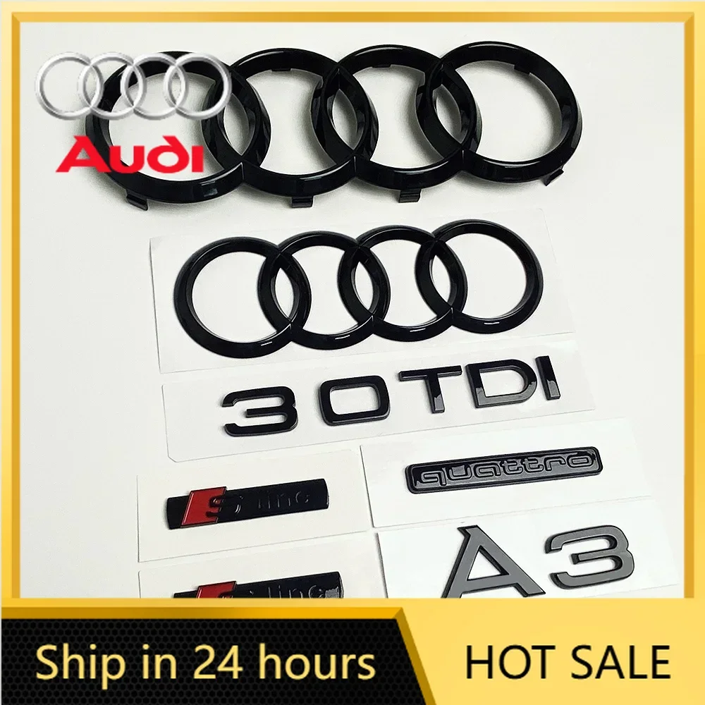 

2026 Hot For Audi For Audi 4Ring Logo ABS Black Car Hood Front Grill Emblem Rear Trunk Badge A3 Quattro Sline 30TDI Emblem Car