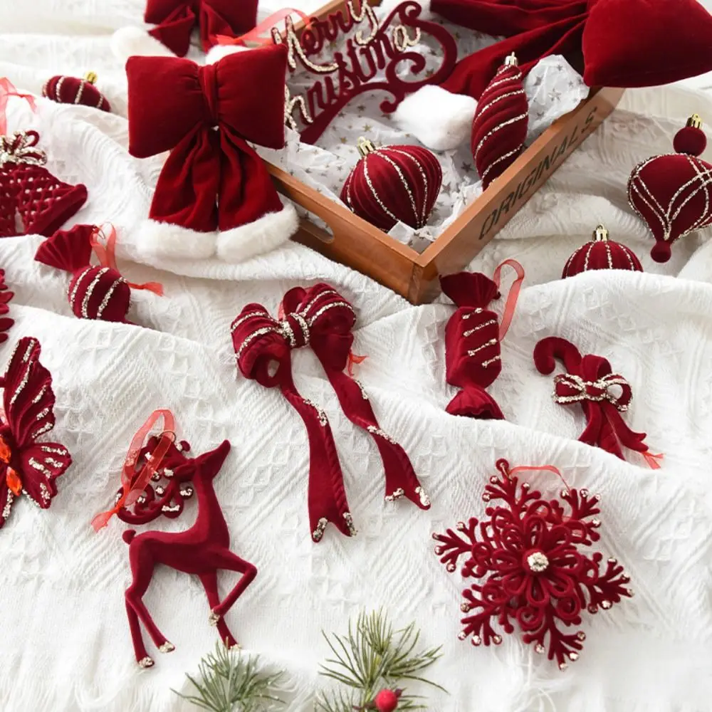 Flocado veludo natal bowknot pingente floco de neve sinos doces cana floco de neve rena pingente requintado vinho tinto