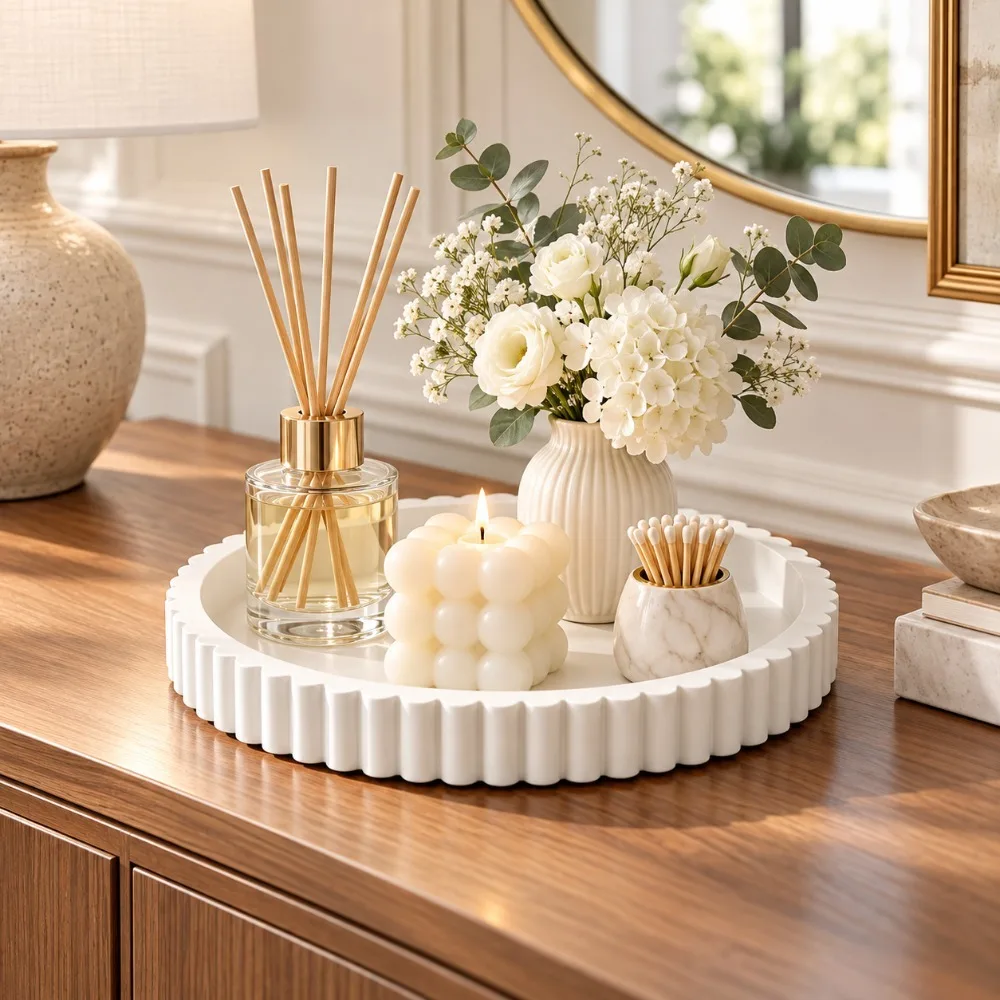 Modern White Silicone Round Tray,Fluted Ribbed Border and Low Raised Rim,9.06 Inch Diameter and 0.7 Inch Height,Decorative Catchall for Jewelry,Keys,Perfume and Small Keepsakes on Entryway Console,Office Desk,Dresser or Bookshelf and Vanity Tops