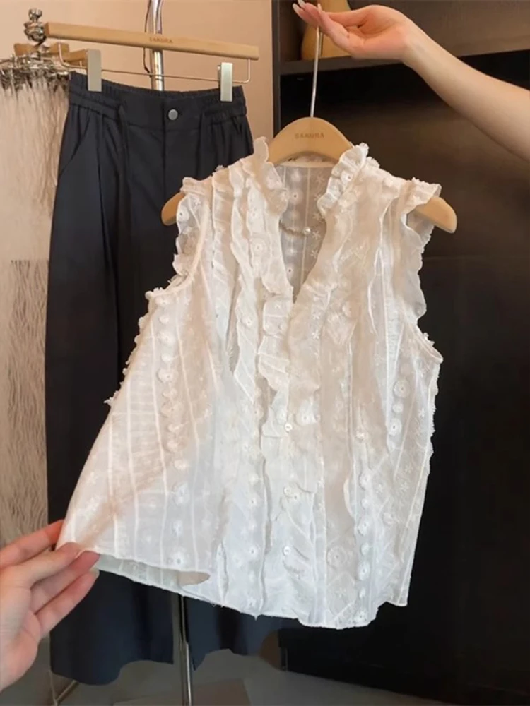 スイート Vネック フリル スウェット レディース サマー トップス 美しい バルベスト アウター 韓国風 刺繍入り ルーズ...
