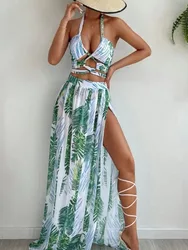 Biquíni Criss Cross Halter feminino, maiô e vestido de praia com estampa tropical, roupa de banho sexy, moda praia verão, 3 peças, 2024