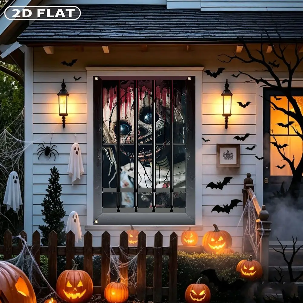 2D FLAT 1pc Party Banner, Halloween Window Cover with Scary Clown Face Behind Window Bars Print, 122x88cm, Polyester, 4 grommets
