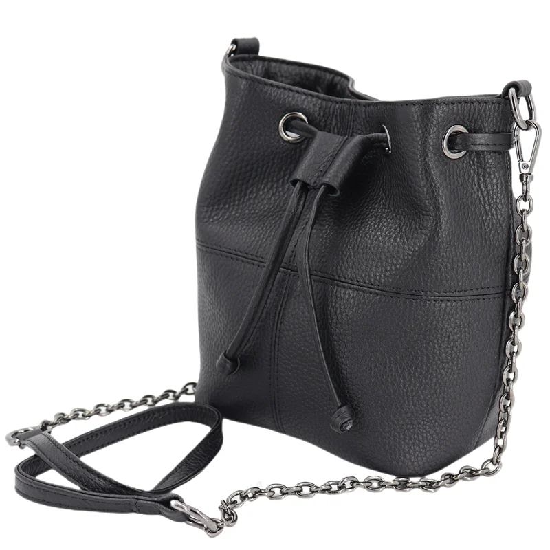 Women Bucket Bag Genuine Leather Ladies Chain Shoulder Bag Female drawstring Small Mini Girl\'s Summer Messenger Crossbody Bags