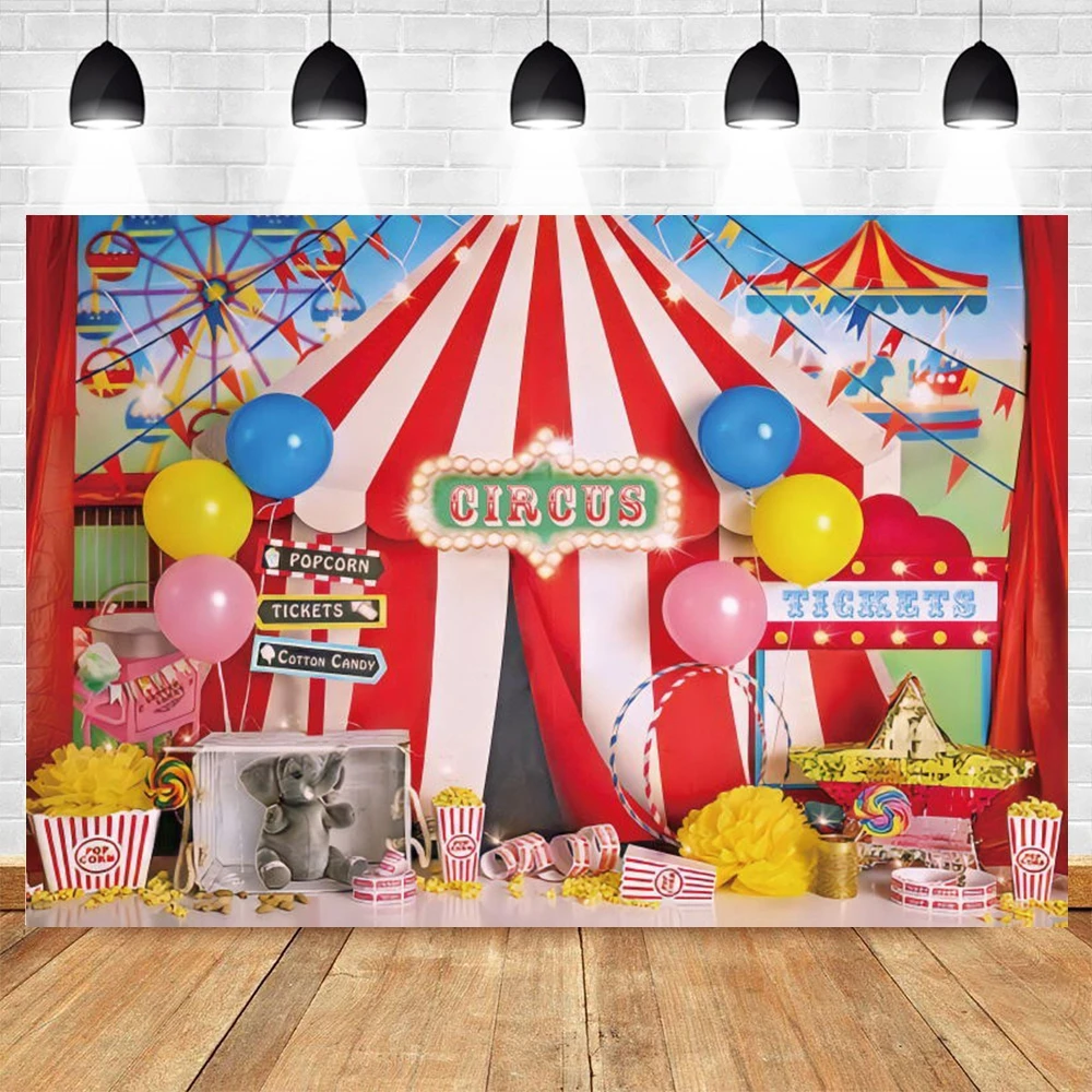 Red Circus Tent Backdrop for Carnival Night Theme Party Baby Shower Kid Birthday Red Curtain Balloon Star Photography Background