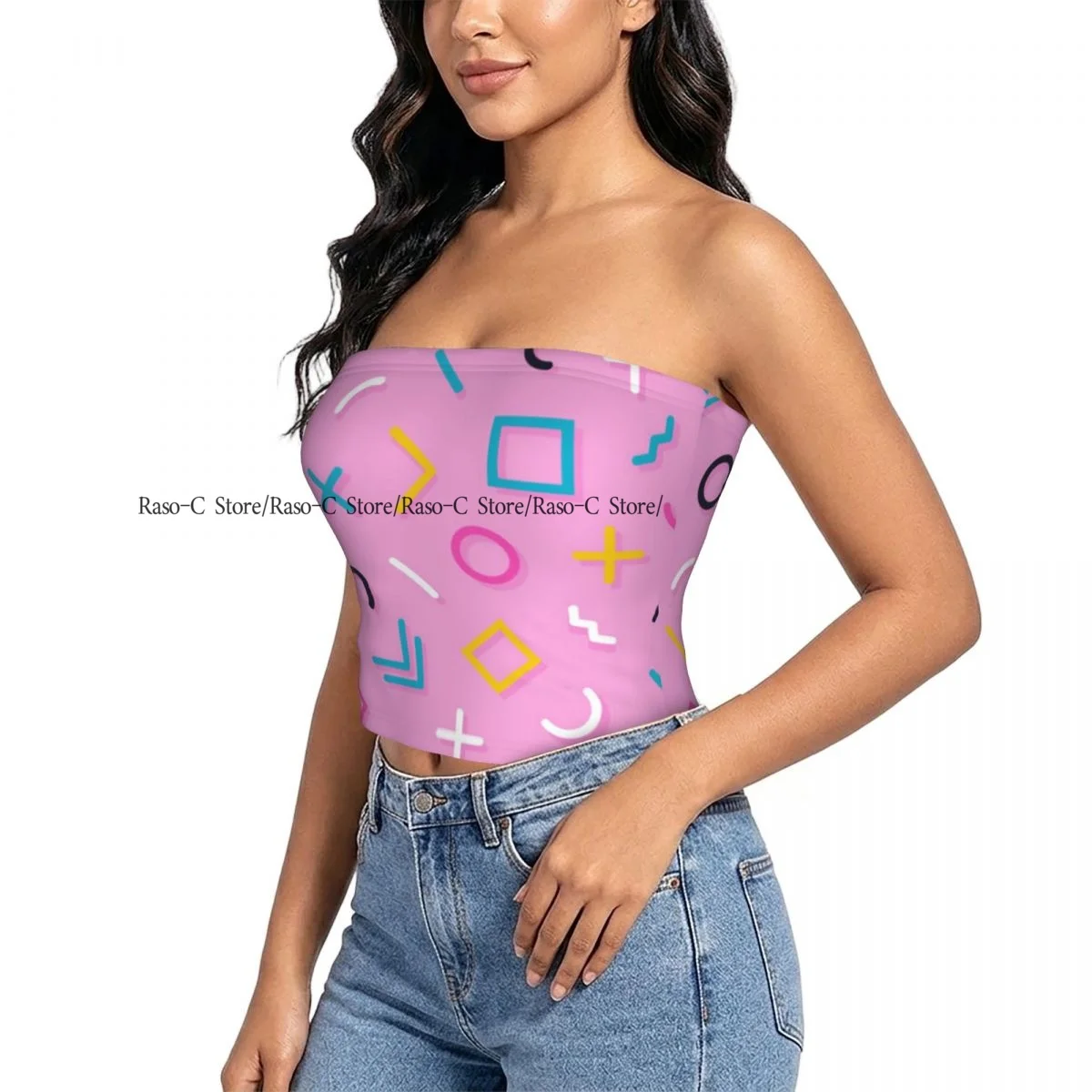 Strapless Sexy Tube Tops Summer Outfits Women Backless Shoulder Wrap Memphis Geometric Lines Abstract Female Crop Top