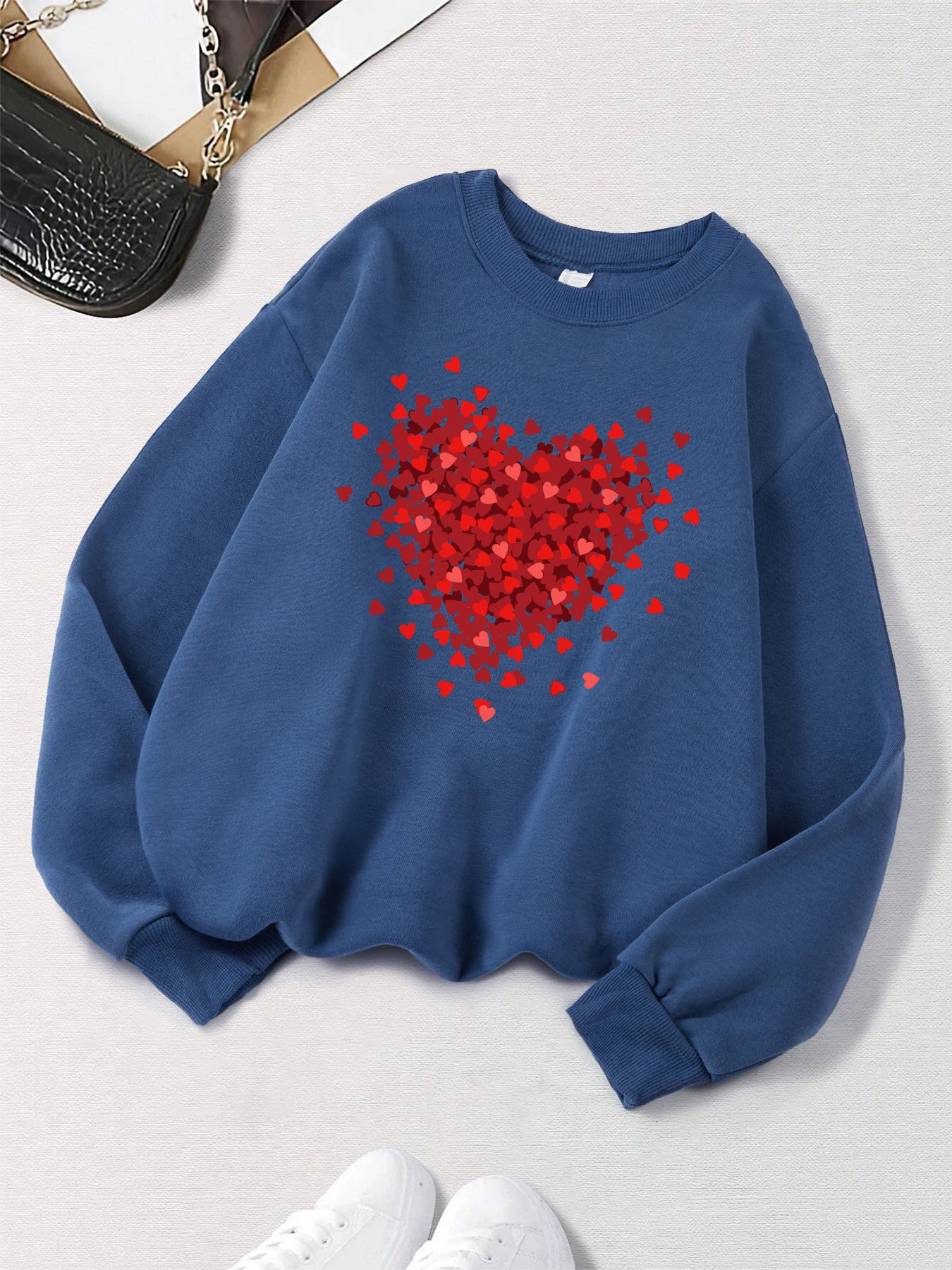 Red Heart Collection Pattern Women Sweatshirt Street Crewneck Pullover Autumn All-Match Top Y2K Casual Fleece Woman Clothes