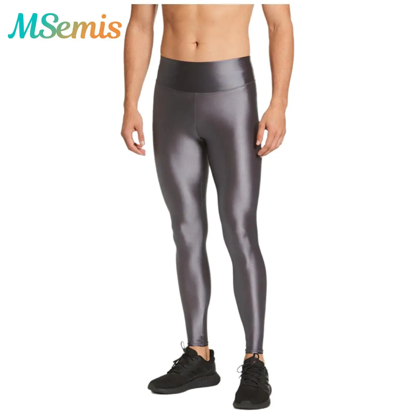 

Мужские глянцевые эластичные спортивные брюки с широким эластичным поясом, однотонные леггинсы для тренировок, бодибилдинга, йоги и фитнеса