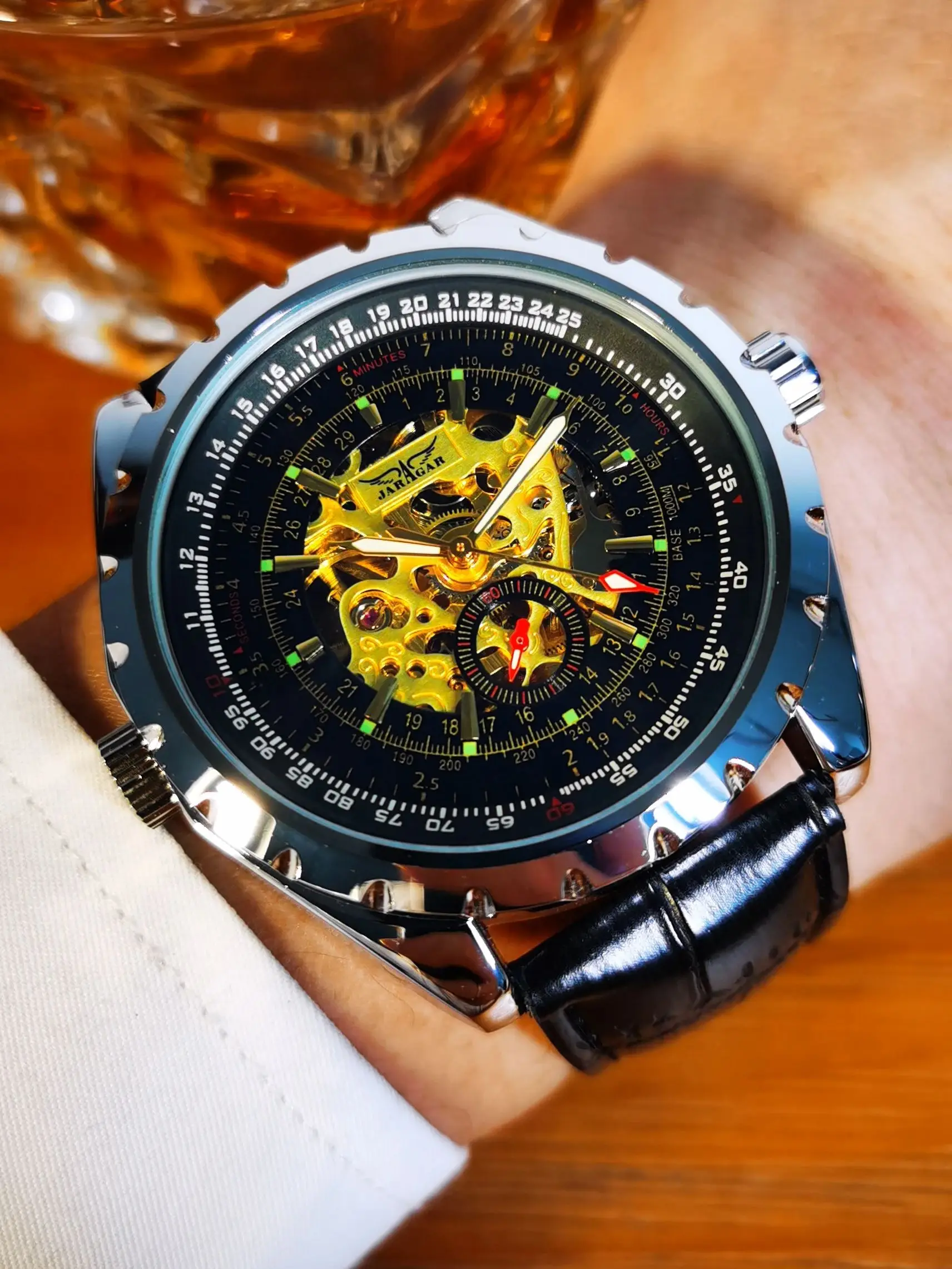 JARAGAR Steampunk Mechanical Watches Military Skeleton Automatic  Watch for Men Luxury Brand Leather Strap Luminous Hands Clock