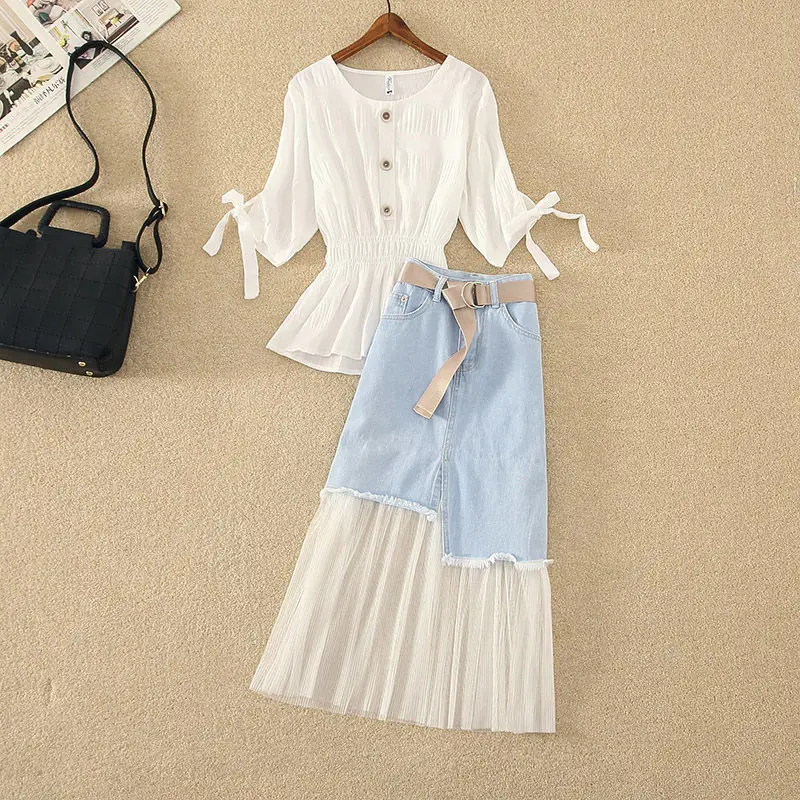 

Fashion Outfits 2023 Summer New Age Reducing Salt Solid Color Top High Waist Denim Spliced Half Skirt Two Piece Set For Women