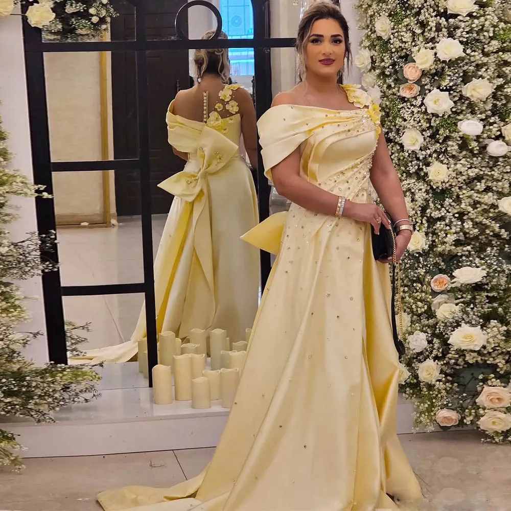 Customized Yellow Satin Engagement Dress for Bridel Off the Shoulder 3D Flower Formal Evening Dresses With Bow Tie